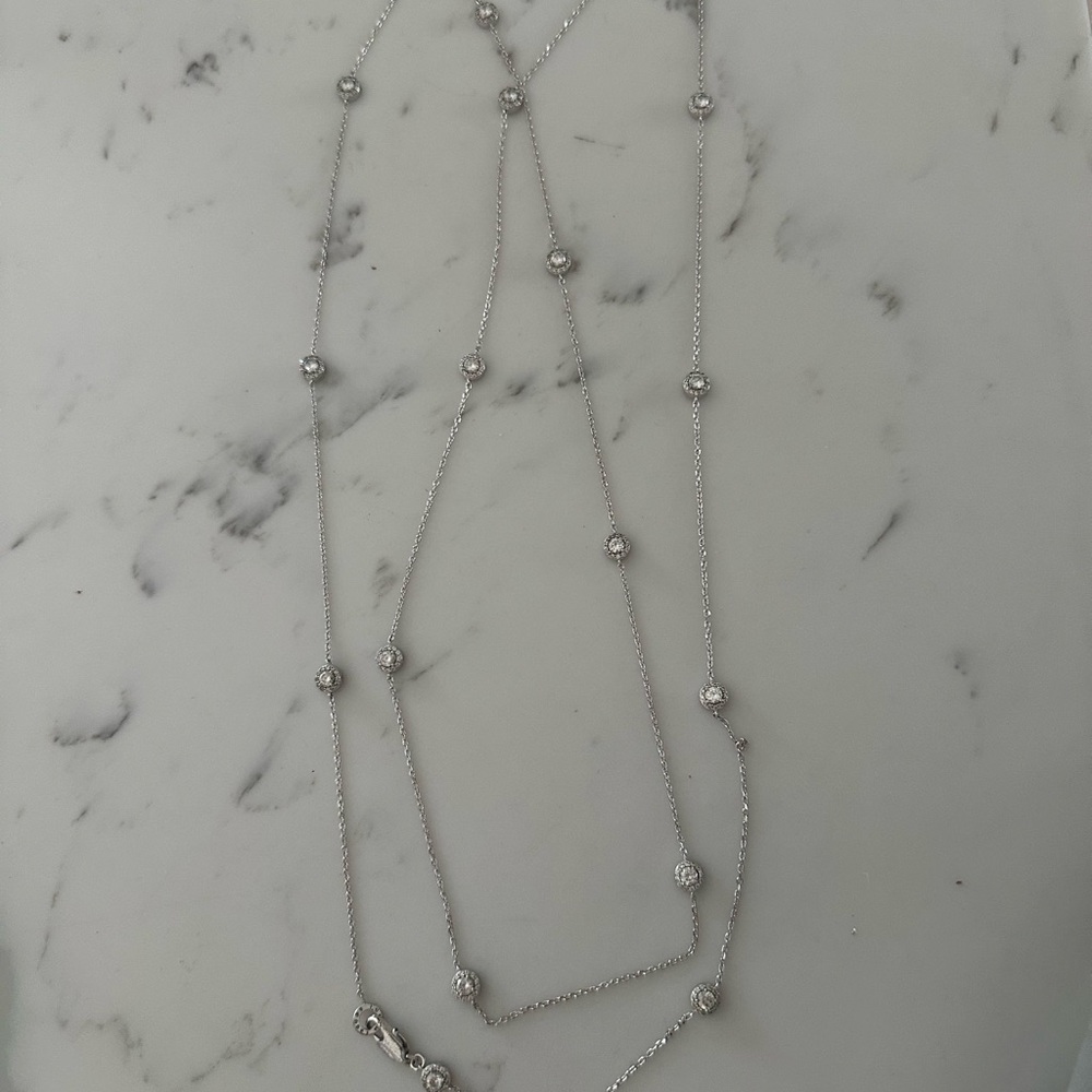 Henri Bendel Silver Necklace with long dainty Chain with round cut halo cz studs